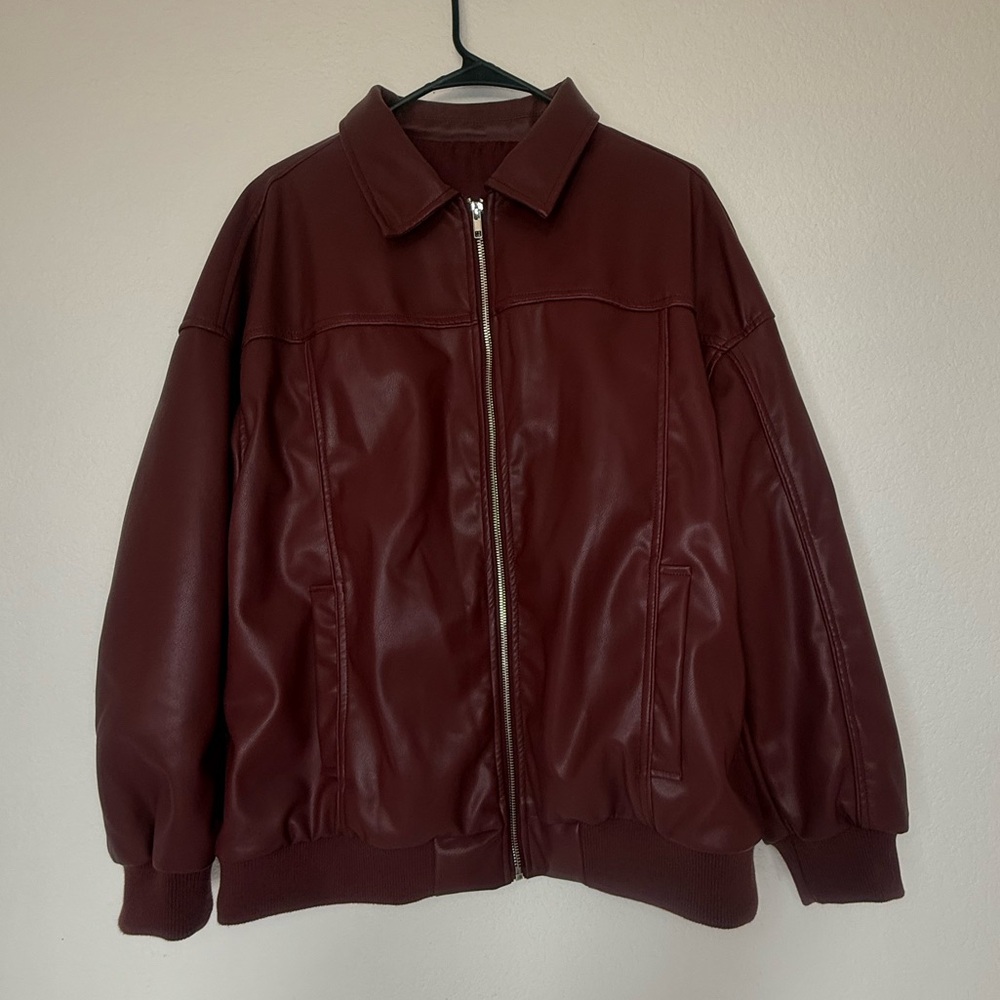 Burgundy Oversized Faux Leather Jacket | Size XL